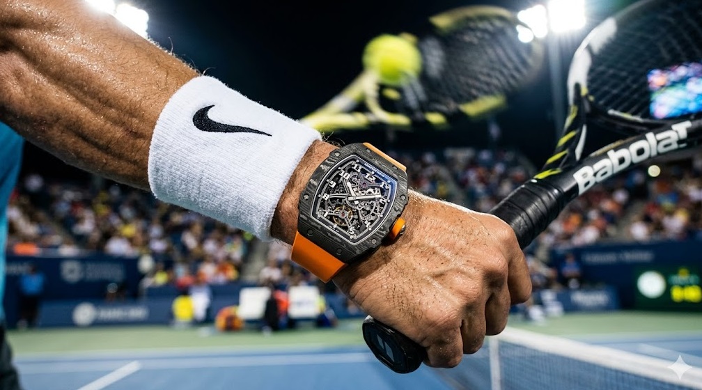 テニスの試合中に激しい動きに耐えるリシャールミルの着用イメージ