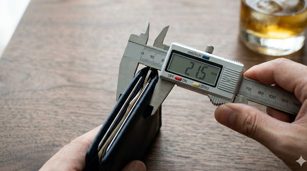 ロエベ マネークリップにお札10枚とカード4枚を入れた厚みの実測