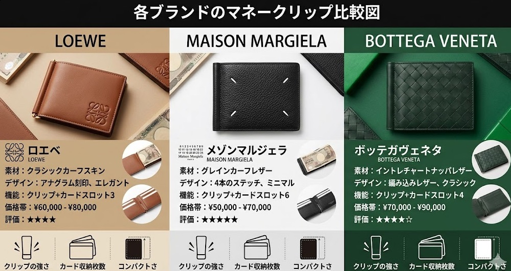 ロエベ、メゾンマルジェラ、ボッテガヴェネタのマネークリップ機能比較