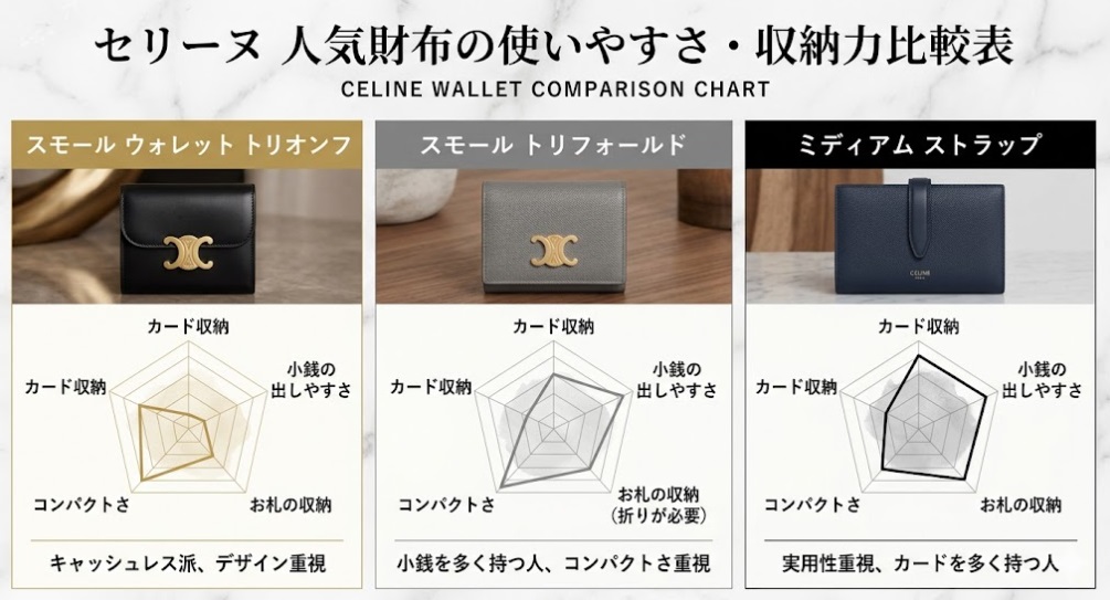 セリーヌ 人気財布の使いやすさ・収納力比較表