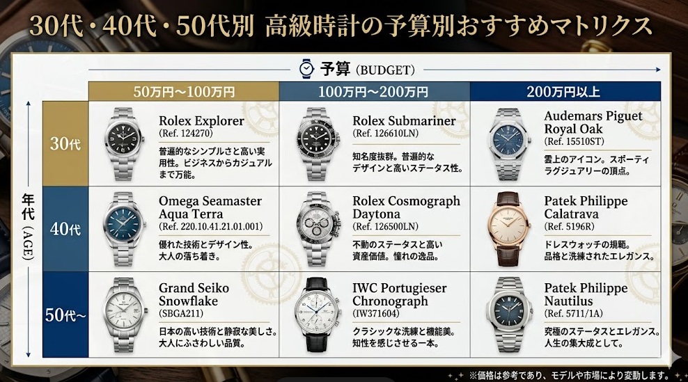 0代・40代・50代別 高級時計の予算別おすすめマトリクス